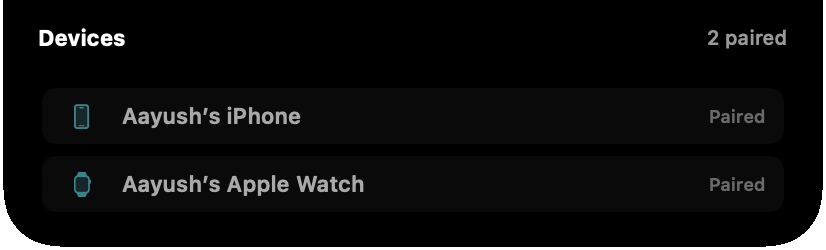 The devices card listing a paired iPhone and Apple Watch