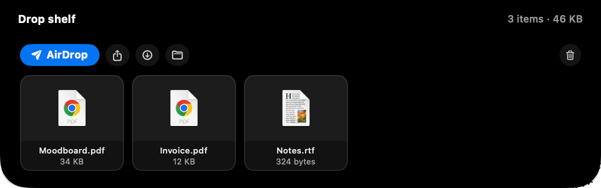 The drop shelf holding three files with actions