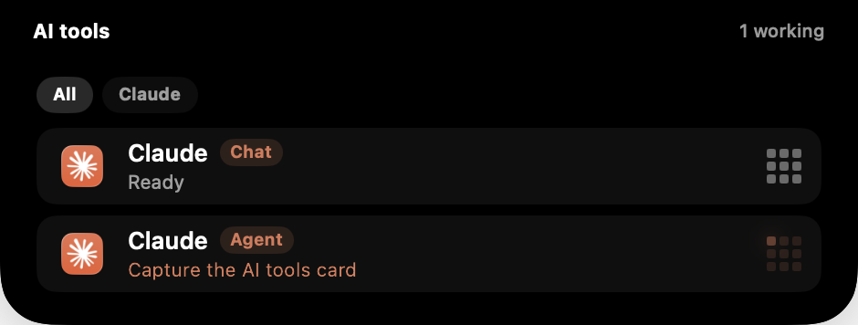 The AI tools card showing a Claude chat and a Claude agent as two separate rows