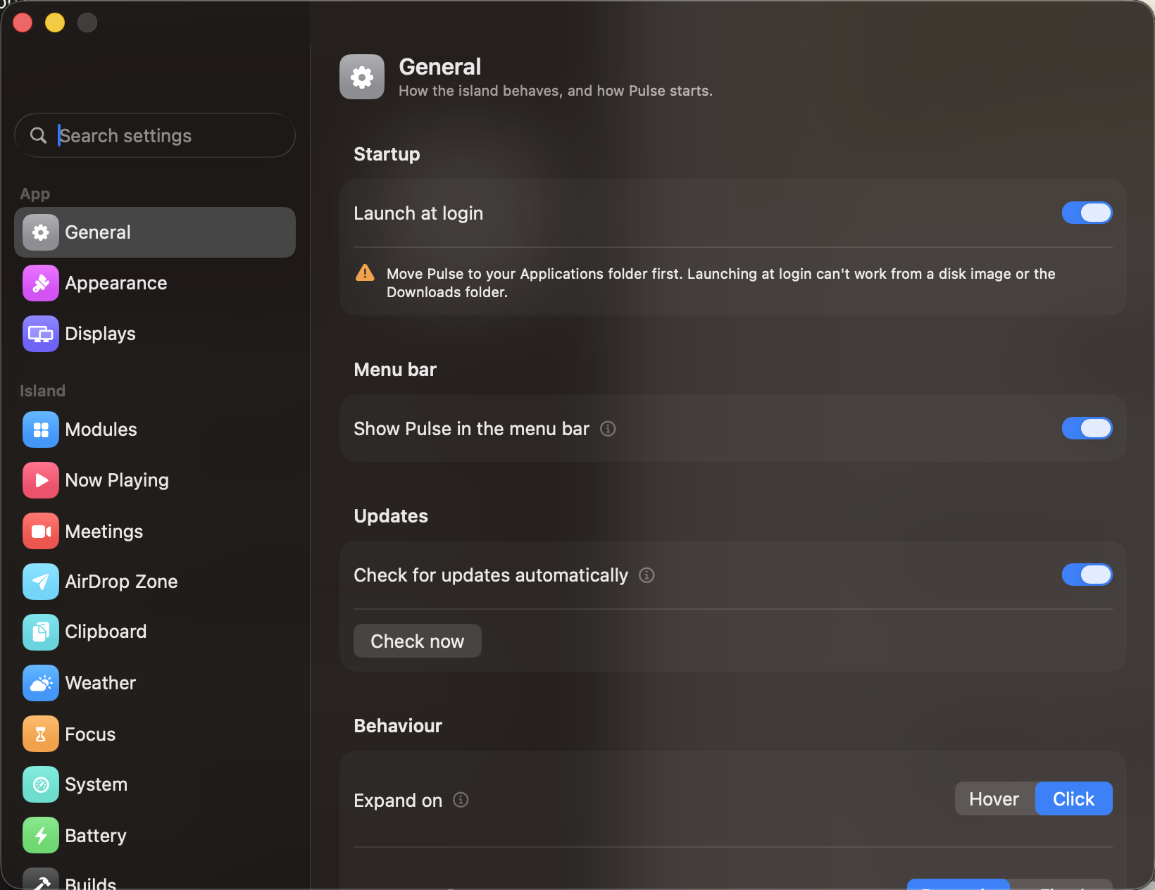 The Settings window in dark mode, General pane