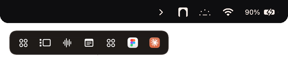 The menu bar with a small arrow divider, and a row of seven tucked-away icons showing just underneath it