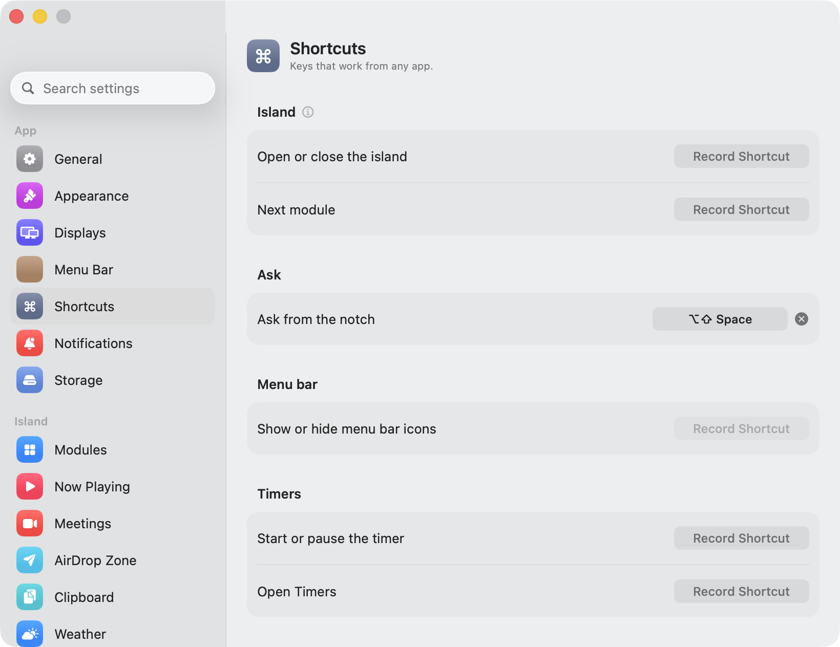 Settings, Shortcuts: Record Shortcut buttons for opening the island, the next module, Ask, the menu bar and timers