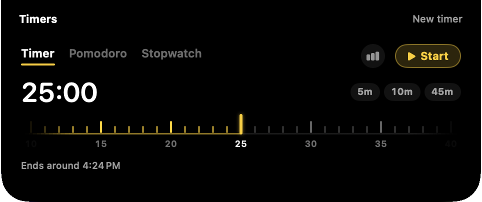The Timers card set up for a new timer: Timer, Pomodoro and Stopwatch along the top, 25:00 over a ruler, recent lengths as chips and a Start button