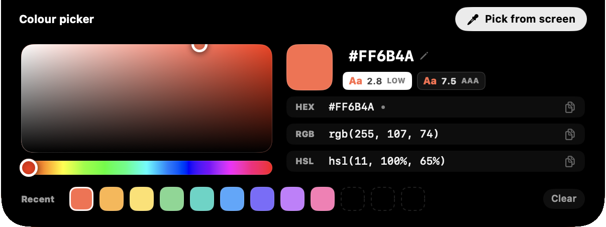 The Colour picker card: a shade square and hue strip, a coral swatch with contrast scores, HEX, RGB and HSL rows, and recent colours